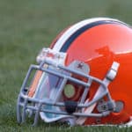 A Cleveland Browns helmet sits on the turf prior to the preseason game against the Detroit Lions played at Cleveland Browns Stadium in Cleveland, Ohio