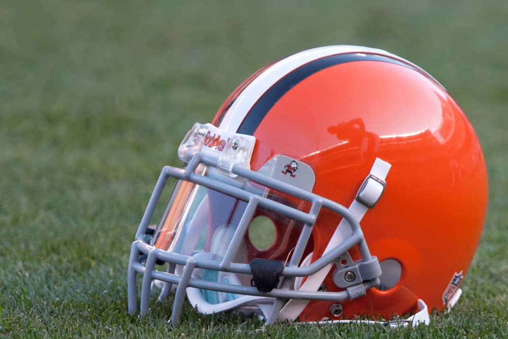 A Cleveland Browns helmet sits on the turf prior to the preseason game against the Detroit Lions played at Cleveland Browns Stadium in Cleveland, Ohio