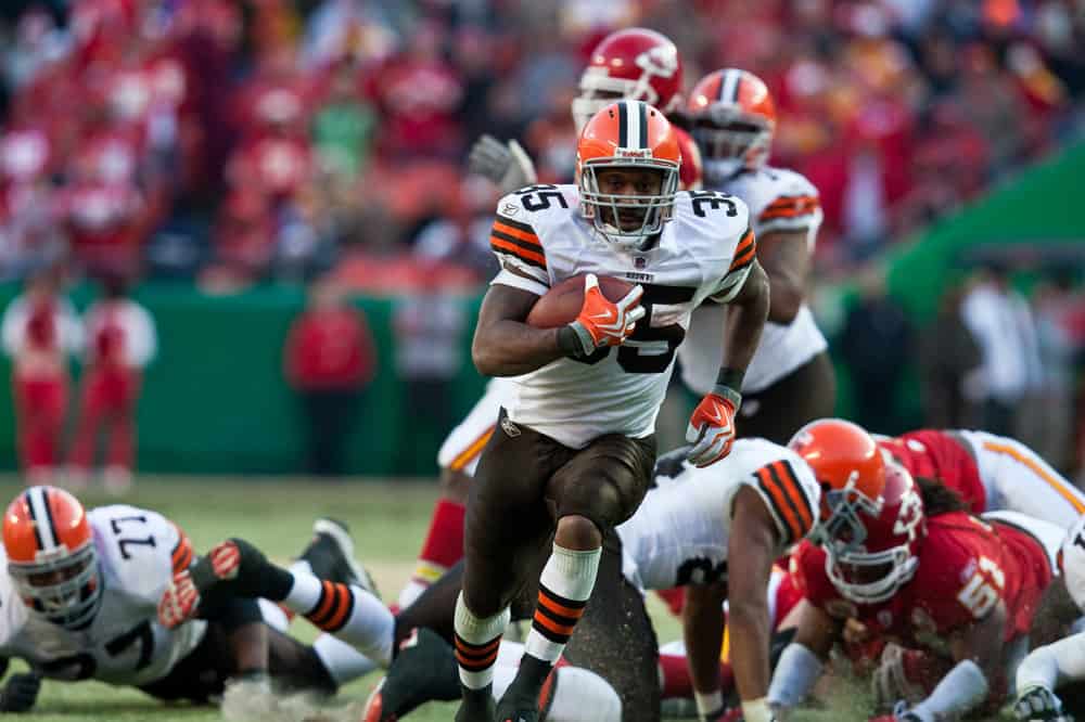 Cleveland Browns running back Jerome Harrison (35) runs for a 28 yard game winning touchdown during the Browns 41-34 win over the Kansas City Chiefs at Arrowhead Stadium in Kansas City, Missouri.