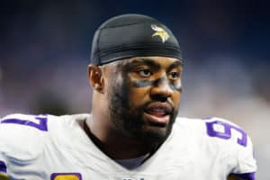 Minnesota Vikings defensive end Everson Griffen (97) walks off of the field at the conclusion of a regular season game action between the Minnesota Vikings and the Detroit Lions on October 20, 2019 at Ford Field in Detroit, Michigan.