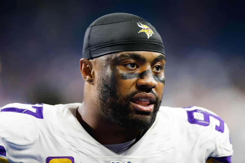 Minnesota Vikings defensive end Everson Griffen (97) walks off of the field at the conclusion of a regular season game action between the Minnesota Vikings and the Detroit Lions on October 20, 2019 at Ford Field in Detroit, Michigan. 