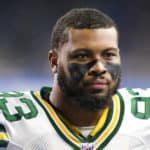 Green Bay Packers linebacker B.J. Goodson (93) heads to the locker room at the conclusion of the first half during a regular season game between the Green Bay Packers and the Detroit Lions on December 29, 2019 at Ford Field in Detroit, Michigan.