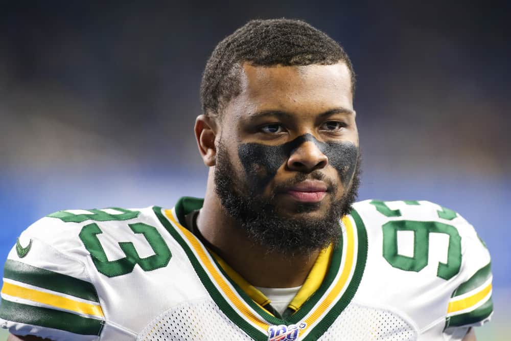 Green Bay Packers linebacker B.J. Goodson (93) heads to the locker room at the conclusion of the first half during a regular season game between the Green Bay Packers and the Detroit Lions on December 29, 2019 at Ford Field in Detroit, Michigan.