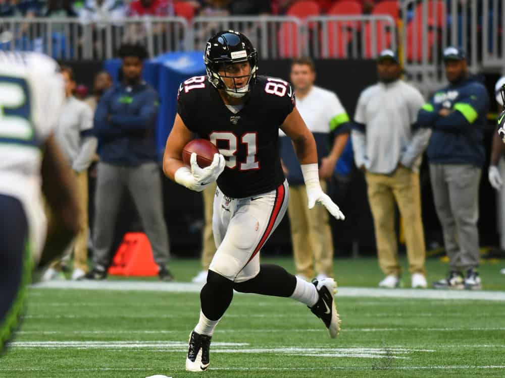 Atlanta Falcons TIght End Austin Hooper (81) rushes the ball during the NFL game between the Seattle Seahawks and the Atlanta Falcons on October 27, 2019, at Mercedes-Benz Stadium in Atlanta, GA.