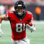 Atlanta Falcons tight end Austin Hooper (81) runs the ball during the first half of the NFL preseason game between the Kansas City Chiefs and the Atlanta Falcons on August 17, 2018 at Mercedes Benz Stadium in Atlanta, Ga. Chiefs defeat the Falcons 28-14.