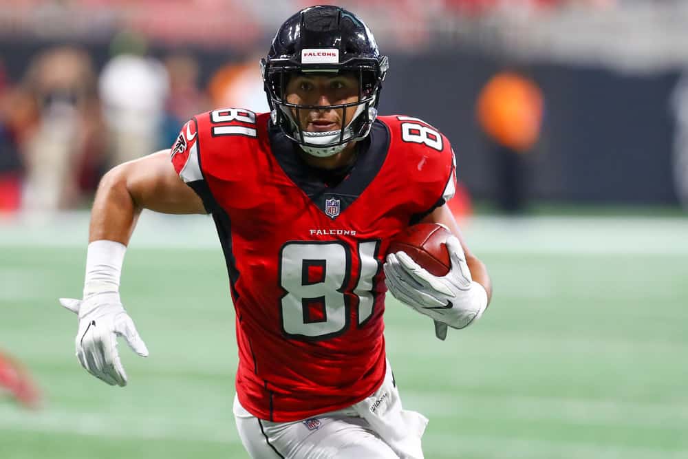 Atlanta Falcons tight end Austin Hooper (81) runs the ball during the first half of the NFL preseason game between the Kansas City Chiefs and the Atlanta Falcons on August 17, 2018 at Mercedes Benz Stadium in Atlanta, Ga. Chiefs defeat the Falcons 28-14.