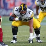 Iowa Hawkeyes offensive lineman Tristan Wirfs (74) during the New Era Pinstripe Bowl on December 27, 2017, between the Boston College Eagles and the Iowa Hawkeyes at Yankee Stadium in the Bronx, NY.