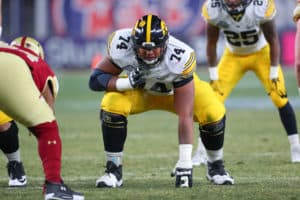 Iowa Hawkeyes offensive lineman Tristan Wirfs (74) during the New Era Pinstripe Bowl on December 27, 2017, between the Boston College Eagles and the Iowa Hawkeyes at Yankee Stadium in the Bronx, NY.