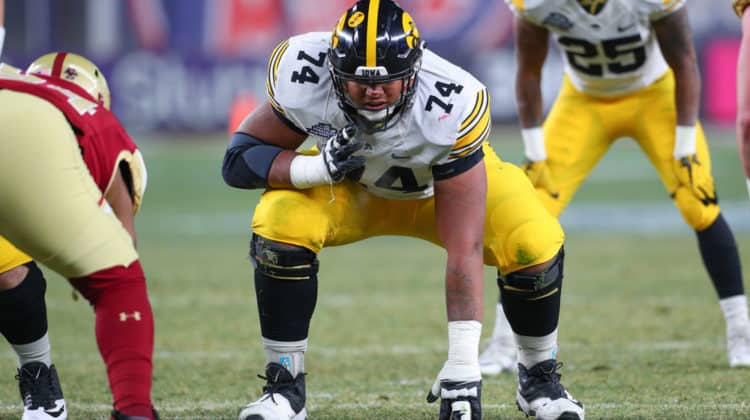 Iowa Hawkeyes offensive lineman Tristan Wirfs (74) during the New Era Pinstripe Bowl on December 27, 2017, between the Boston College Eagles and the Iowa Hawkeyes at Yankee Stadium in the Bronx, NY.
