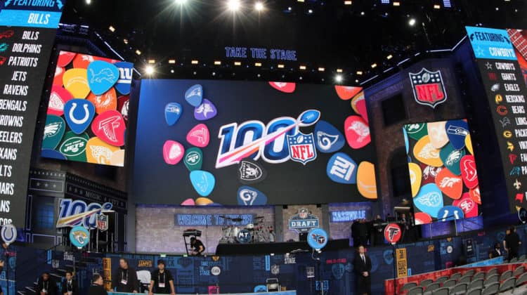 A general view of the draft stage before the first round of the 2019 NFL Draft on April 25, 2019, at the Draft Main Stage on Lower Broadway in downtown Nashville, TN.