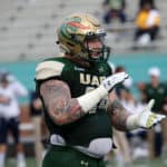 UAB Blazers defensive lineman Garrett Marino (44) during the game between the UAB Blazers and the Rice Owls on November 04, 2017. UAB defeated Rice 52-21 at Legion Field in Birmingham, Alabama.
