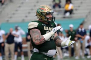 UAB Blazers defensive lineman Garrett Marino (44) during the game between the UAB Blazers and the Rice Owls on November 04, 2017. UAB defeated Rice 52-21 at Legion Field in Birmingham, Alabama.