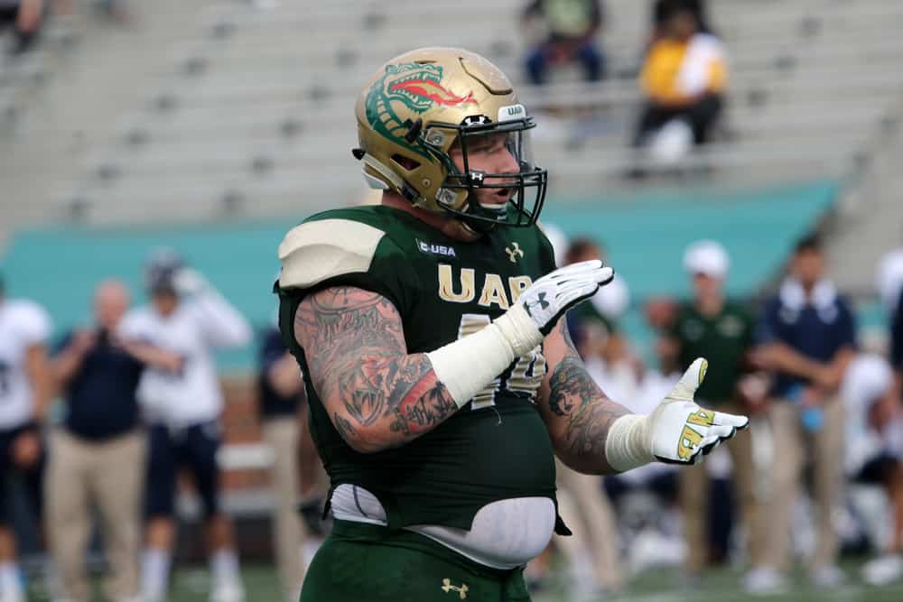 UAB Blazers defensive lineman Garrett Marino (44) during the game between the UAB Blazers and the Rice Owls on November 04, 2017. UAB defeated Rice 52-21 at Legion Field in Birmingham, Alabama. 