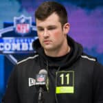 Boise State offensive lineman Ezra Cleveland answers questions from the media during the NFL Scouting Combine on February 26, 2020 at the Indiana Convention Center in Indianapolis, IN.