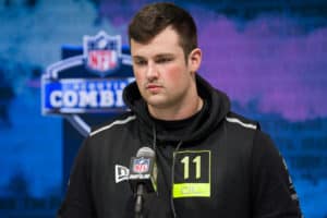 Boise State offensive lineman Ezra Cleveland answers questions from the media during the NFL Scouting Combine on February 26, 2020 at the Indiana Convention Center in Indianapolis, IN.