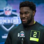 Kansas offensive lineman Hakeem Adeniji answers questions from the media during the NFL Scouting Combine on February 26, 2020 at the Indiana Convention Center in Indianapolis, IN.