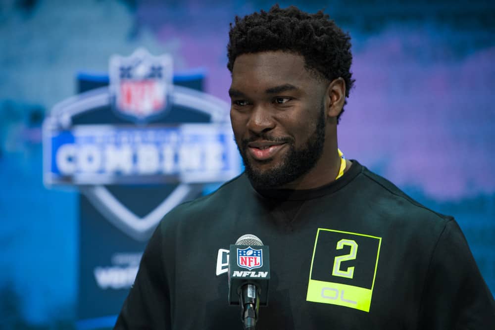  Kansas offensive lineman Hakeem Adeniji answers questions from the media during the NFL Scouting Combine on February 26, 2020 at the Indiana Convention Center in Indianapolis, IN. 