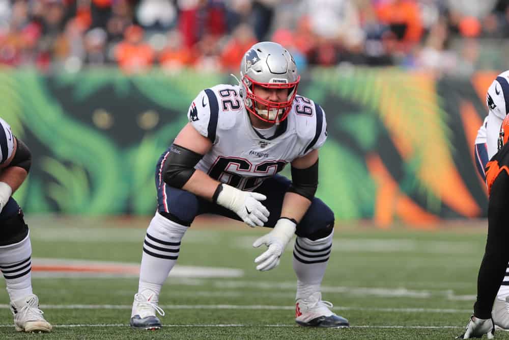 New England Patriots offensive guard Joe Thuney (62) lines up for a play during the game against the New England Patriots and the Cincinnati Bengals on December 15th 2019, at Paul Brown Stadium in Cincinnati, OH.