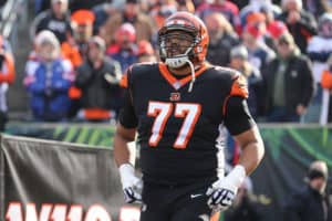 Cincinnati Bengals offensive tackle Cordy Glenn (77) runs onto the field before the game against the New England Patriots and the Cincinnati Bengals on December 15th 2019, at Paul Brown Stadium in Cincinnati, OH.