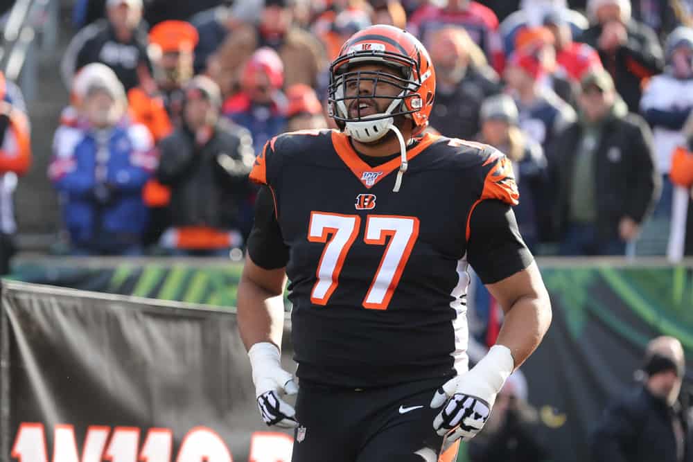 Cincinnati Bengals offensive tackle Cordy Glenn (77) runs onto the field before the game against the New England Patriots and the Cincinnati Bengals on December 15th 2019, at Paul Brown Stadium in Cincinnati, OH.