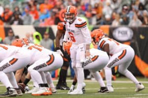 Cleveland Browns quarterback Baker Mayfield (6) calls a play during the game against the Cleveland Browns and the Cincinnati Bengals on December 29, 2019, at Paul Brown Stadium in Cincinnati, OH.