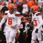 Cleveland Browns quarterback Baker Mayfield (6) reacts with wide receiver Odell Beckham (13) during the game against the Cleveland Browns and the Cincinnati Bengals on December 29, 2019, at Paul Brown Stadium in Cincinnati, OH.