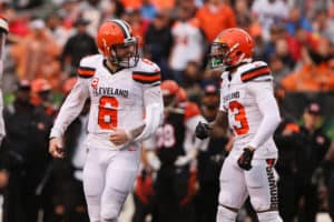 Cleveland Browns quarterback Baker Mayfield (6) reacts with wide receiver Odell Beckham (13) during the game against the Cleveland Browns and the Cincinnati Bengals on December 29, 2019, at Paul Brown Stadium in Cincinnati, OH.