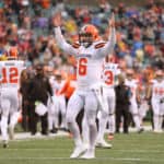 Cleveland Browns quarterback Baker Mayfield (6) reacts after a touchdown during the game against the Cleveland Browns and the Cincinnati Bengals on December 29th 2019, at Paul Brown Stadium in Cincinnati, OH