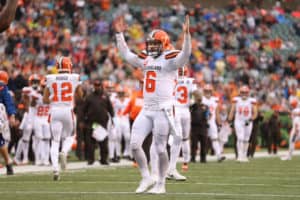 Cleveland Browns quarterback Baker Mayfield (6) reacts after a touchdown during the game against the Cleveland Browns and the Cincinnati Bengals on December 29th 2019, at Paul Brown Stadium in Cincinnati, OH