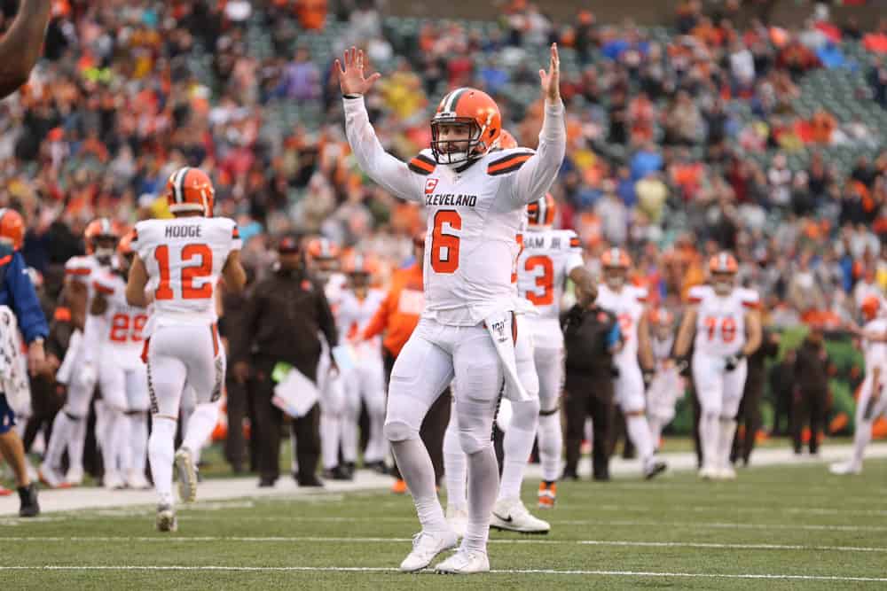 Cleveland Browns quarterback Baker Mayfield (6) reacts after a touchdown during the game against the Cleveland Browns and the Cincinnati Bengals on December 29th 2019, at Paul Brown Stadium in Cincinnati, OH