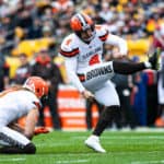 Cleveland Browns kicker Austin Seibert (4) looks on during the NFL football game between the Cleveland Browns and the Pittsburgh Steelers on December 01, 2019 at Heinz Field in Pittsburgh, PA.