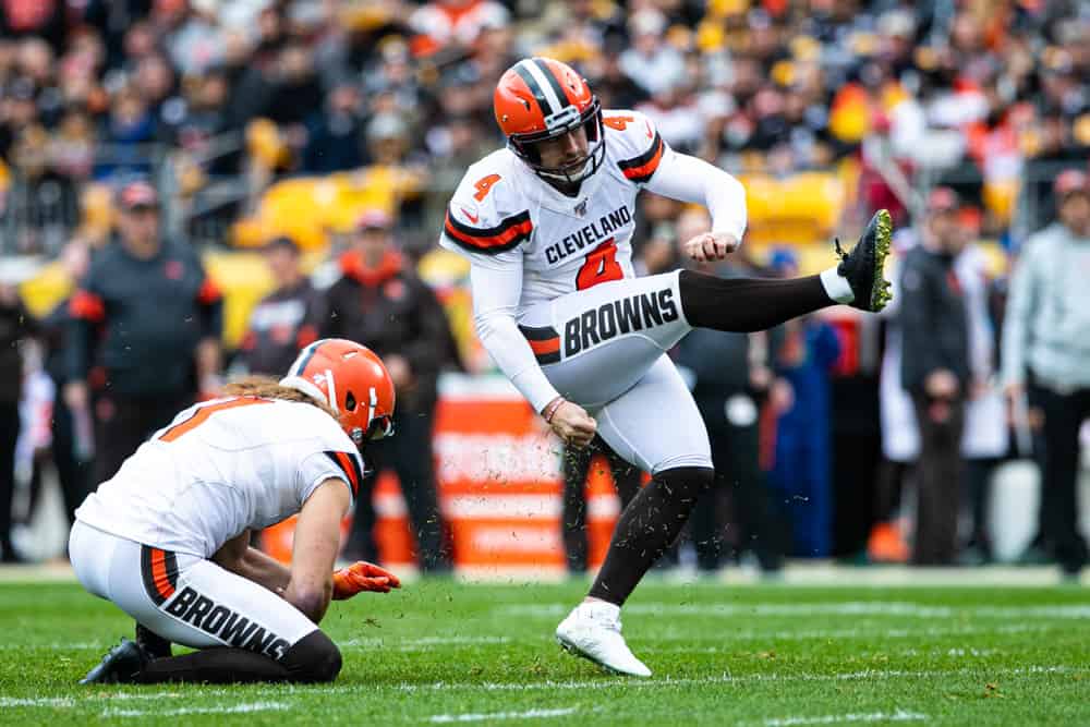 Cleveland Browns kicker Austin Seibert (4) looks on during the NFL football game between the Cleveland Browns and the Pittsburgh Steelers on December 01, 2019 at Heinz Field in Pittsburgh, PA.