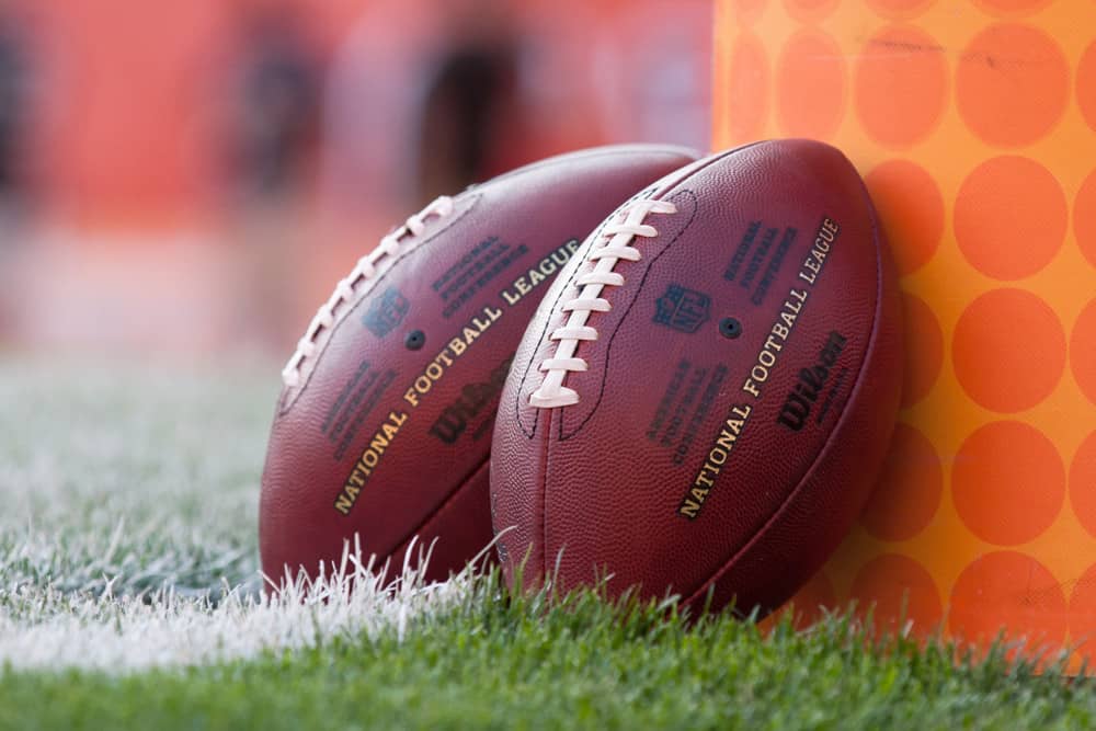 Footballs rest against the base of the goalpost prior to the pre-season game between the St. Louis Rams and the Cleveland Browns played at FirstEnergy Stadium in Cleveland, OH. St. Louis defeated Cleveland 33-14.