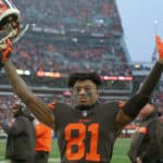 Cleveland Browns wide receiver Rashard Higgins (81) celebrates as the final seconds tick off the clock during the fourth quarter of the National Football League game between the Cincinnati Bengals and Cleveland Browns on December 23, 2018, at FirstEnergy Stadium in Cleveland, OH.