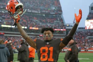 Cleveland Browns wide receiver Rashard Higgins (81) celebrates as the final seconds tick off the clock during the fourth quarter of the National Football League game between the Cincinnati Bengals and Cleveland Browns on December 23, 2018, at FirstEnergy Stadium in Cleveland, OH.