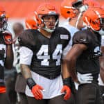 Cleveland Browns linebacker Sione Takitaki (44) participates in drills during the Cleveland Browns Training Camp on July 28, 2019, at the at the Cleveland Browns Training Facility in Berea, Ohio.