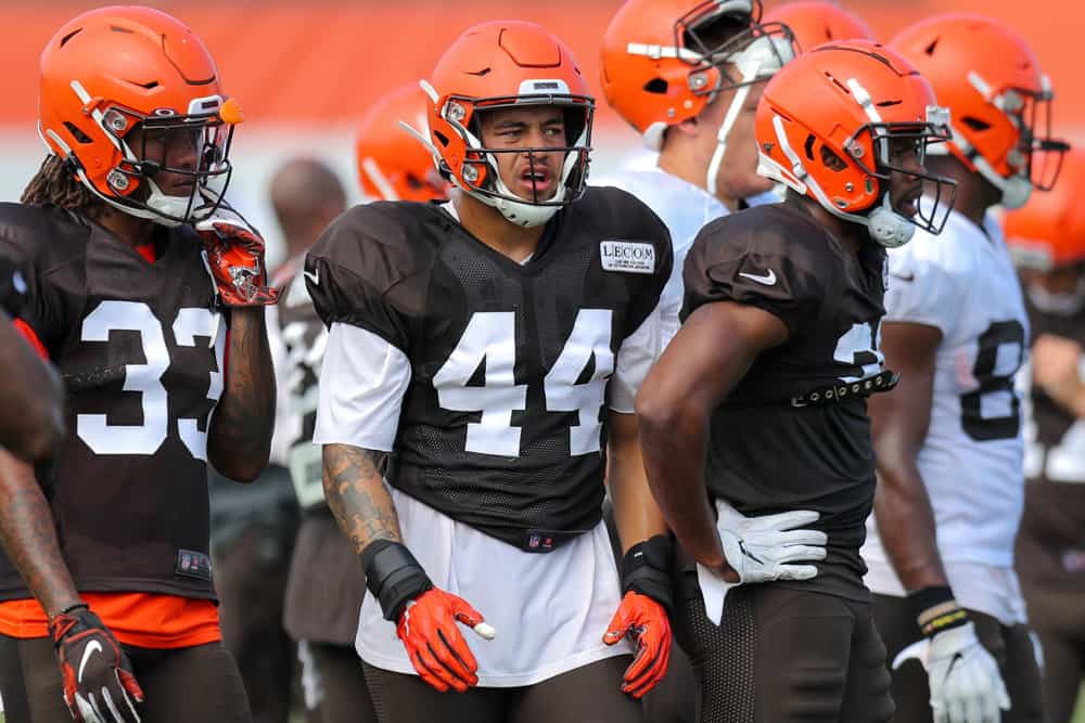 Cleveland Browns linebacker Sione Takitaki (44) participates in drills during the Cleveland Browns Training Camp on July 28, 2019, at the at the Cleveland Browns Training Facility in Berea, Ohio.