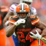 Cleveland Browns running back Nick Chubb (24) carries the football during the first quarter of the National Football League game between the Buffalo Bills and Cleveland Browns on November 10, 2019, at FirstEnergy Stadium in Cleveland, OH.