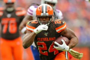 Cleveland Browns running back Nick Chubb (24) carries the football during the first quarter of the National Football League game between the Buffalo Bills and Cleveland Browns on November 10, 2019, at FirstEnergy Stadium in Cleveland, OH.