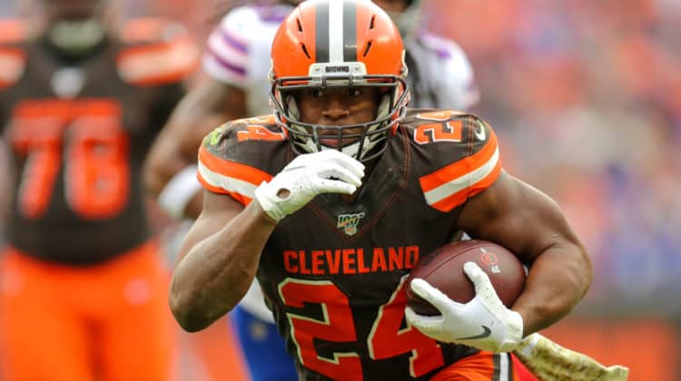 Cleveland Browns running back Nick Chubb (24) carries the football during the first quarter of the National Football League game between the Buffalo Bills and Cleveland Browns on November 10, 2019, at FirstEnergy Stadium in Cleveland, OH.