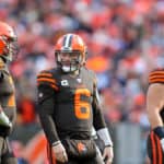 Cleveland Browns quarterback Baker Mayfield (6) looks towards the sideline during the second quarter of the National Football League game between the Cincinnati Bengals and Cleveland Browns on December 8, 2019, at FirstEnergy Stadium in Cleveland, OH.