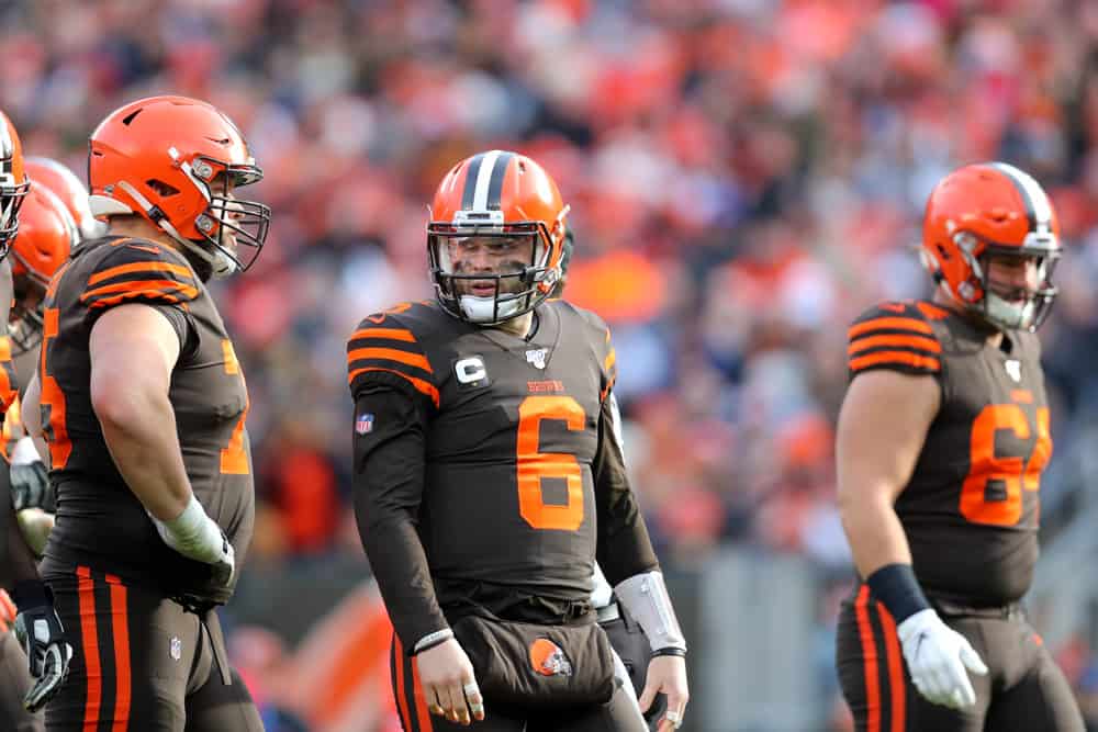 Cleveland Browns quarterback Baker Mayfield (6) looks towards the sideline during the second quarter of the National Football League game between the Cincinnati Bengals and Cleveland Browns on December 8, 2019, at FirstEnergy Stadium in Cleveland, OH.