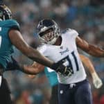 Tennessee Titans Linebacker Cameron Wake (91) is guarded by Jacksonville Jaguars Offensive Tackle Jawaan Taylor (75) during the game between the Tennessee Titans and the Jacksonville Jaguars on September 19, 2019 at TIAA Bank Field in Jacksonville, Fl.