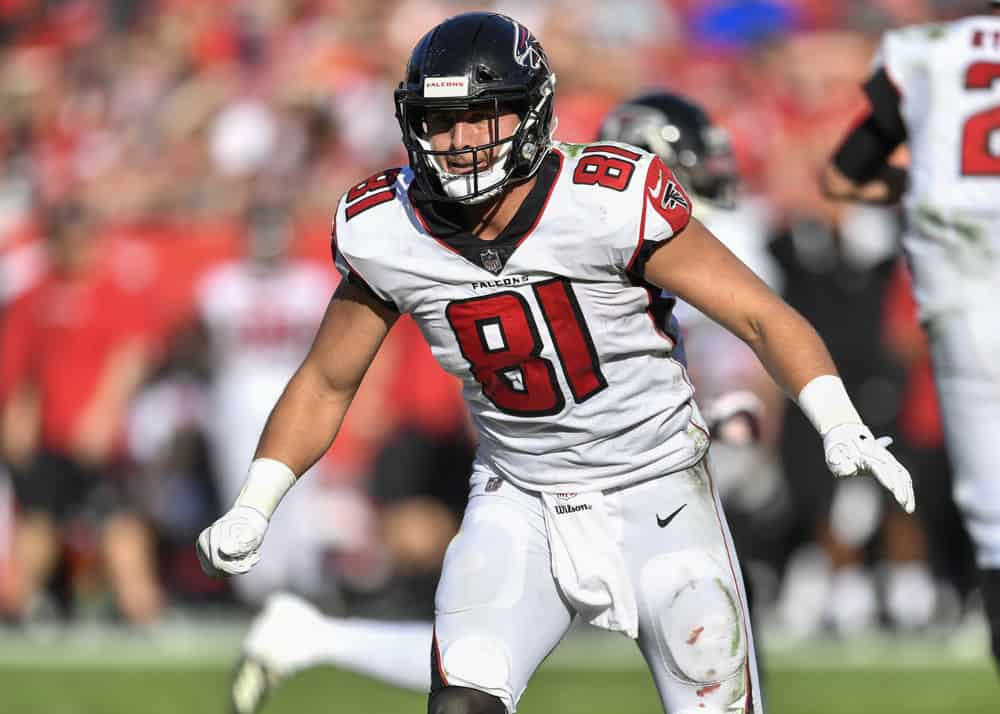 Atlanta Falcons tight end Austin Hooper (81) during the second half of an NFL game between the Atlanta Falcons and the Tampa Bay Bucs on December 30, 2018, at Raymond James Stadium in Tampa, FL.