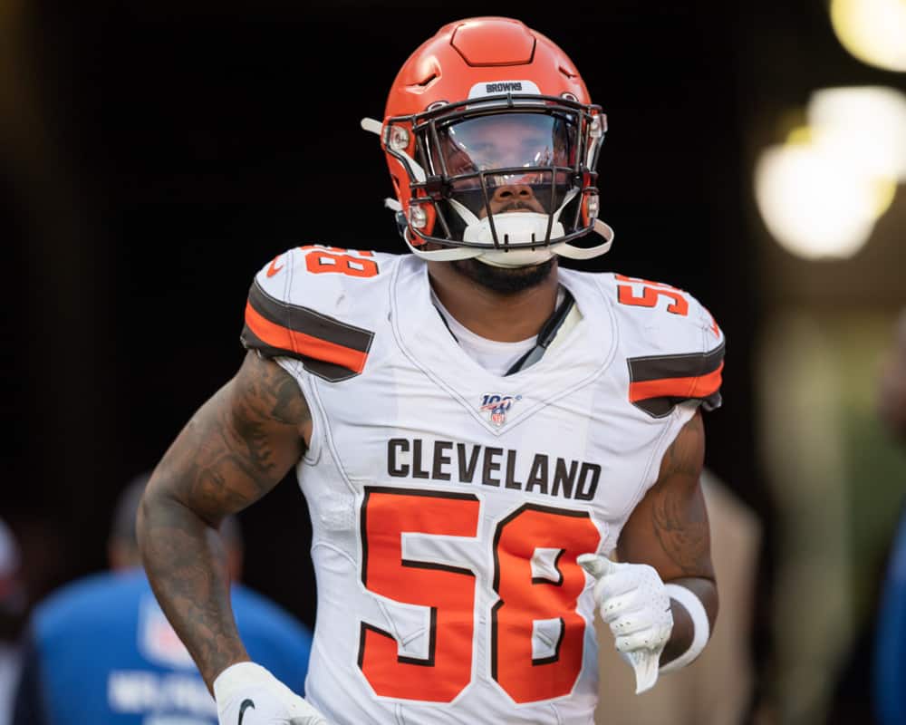 Cleveland Browns linebacker Christian Kirksey (58) enters the field prior to the first half of an NFL preseason game between the Cleveland Browns and the Tampa Bay Bucs on August 23, 2019, at Raymond James Stadium in Tampa, FL.