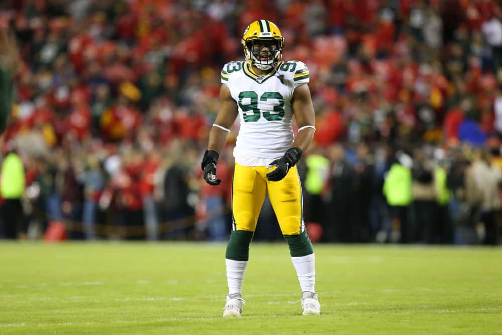 Green Bay Packers middle linebacker B.J. Goodson (93) before an NFL game between the Green Bay Packers and Kansas City Chiefs on October 27, 2019 at Arrowhead Stadium in Kansas City, MO.