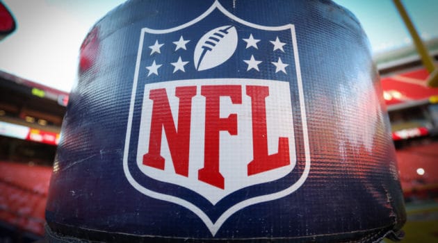 A view of the NFL logo before the AFC Championship game between the Tennessee Titans and Kansas City Chiefs on January 19, 2020 at Arrowhead Stadium in Kansas City, MO.