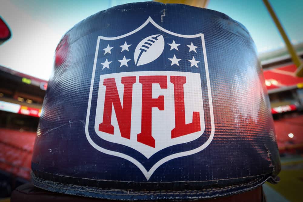 A view of the NFL logo before the AFC Championship game between the Tennessee Titans and Kansas City Chiefs on January 19, 2020 at Arrowhead Stadium in Kansas City, MO.