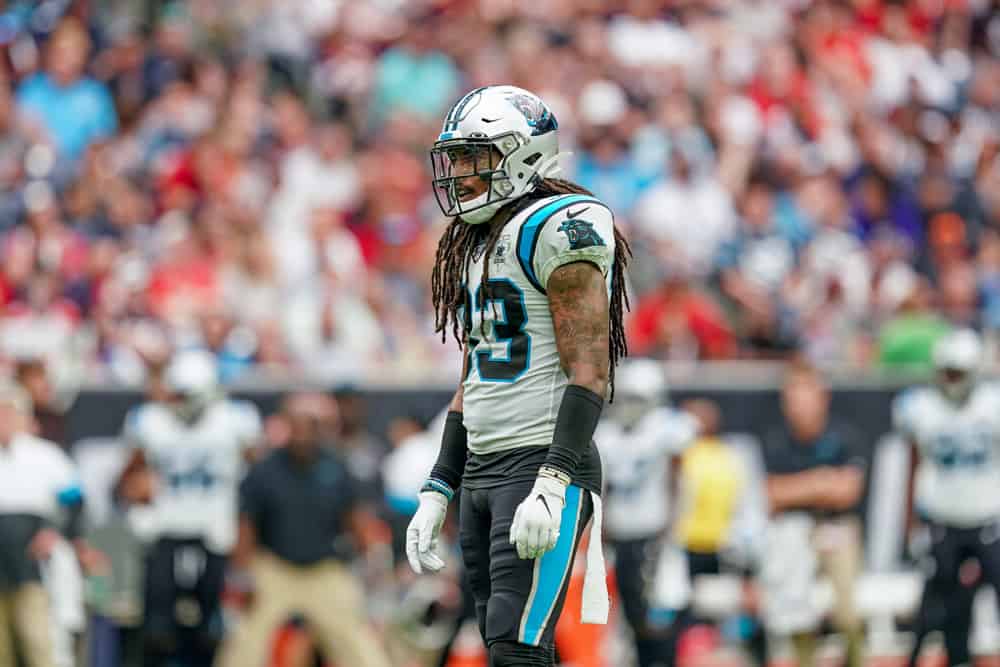 Carolina Panthers defensive back Tre Boston (33) looks on during the football game between the Carolina Panthers and Houston Texans at NRG Stadium on September 29, 2019 in Houston, Texas.