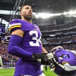 Minnesota Vikings Safety Andrew Sendejo (34) heads to the sidelines during a game between the Denver Broncos and Minnesota Vikings on November 17, 2019 at U.S. Bank Stadium in Minneapolis, MN.